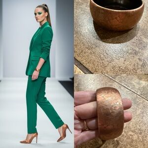 Vintage Wide Copper Tone Floral Etched Bangle Bracelet Boho Statement